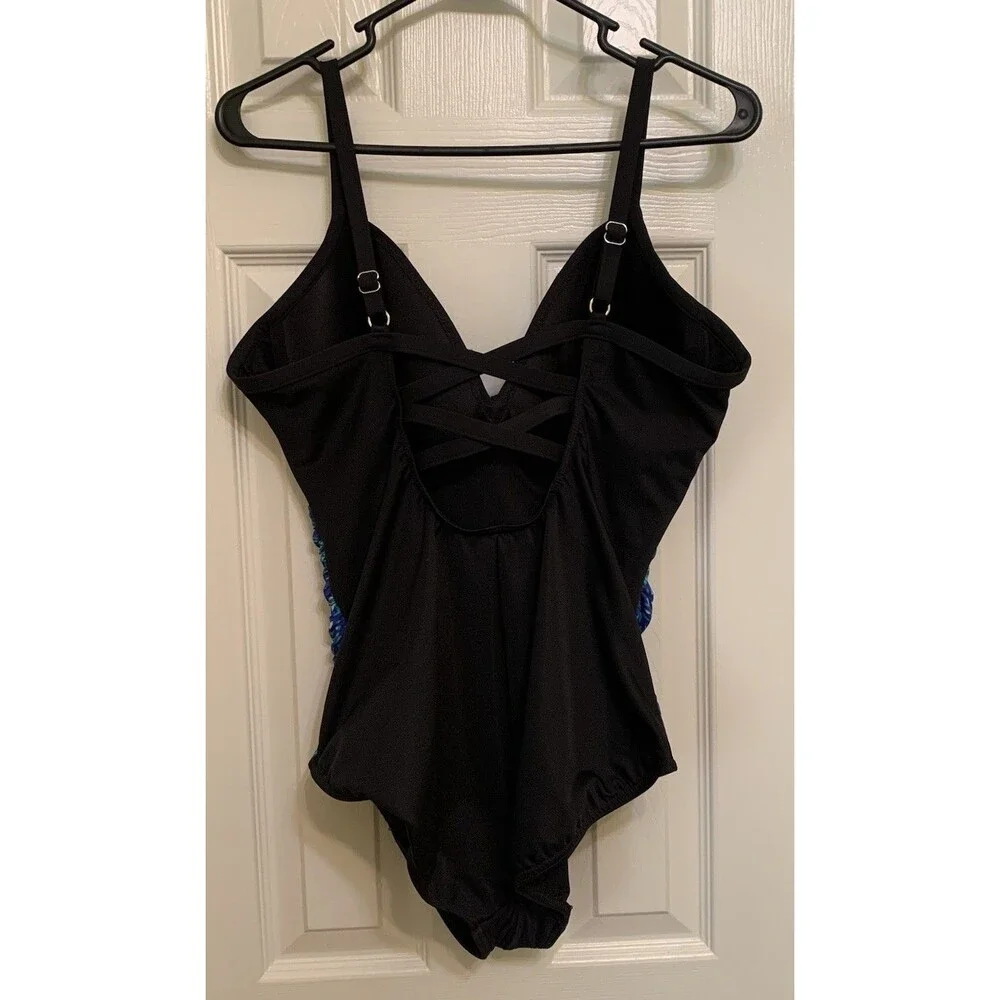 Miraclesuit Temptation One Piece Swimsuit Size 14 Blue Black Tummy Control
